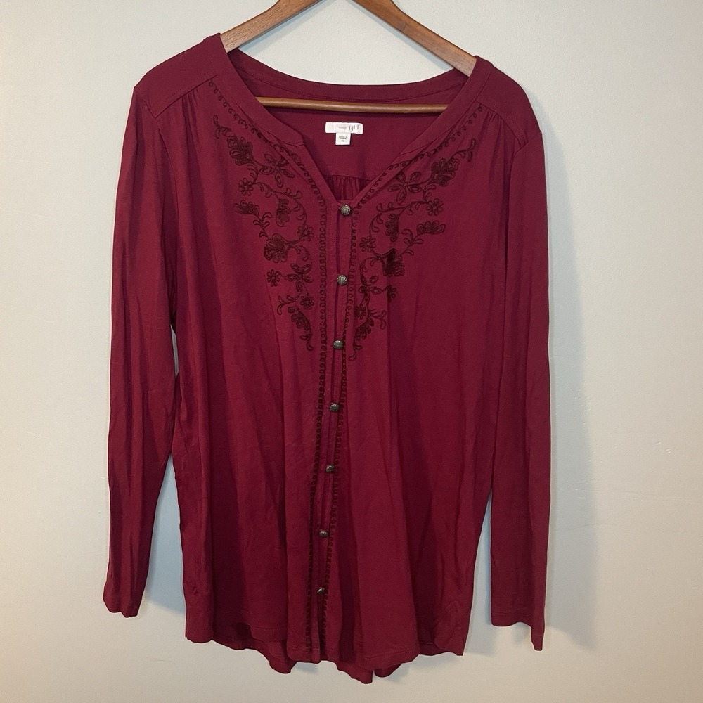 J Jill Shirt Womens XL‎ Red Embroidered Button Down Relaxed Metal Buttons Boho